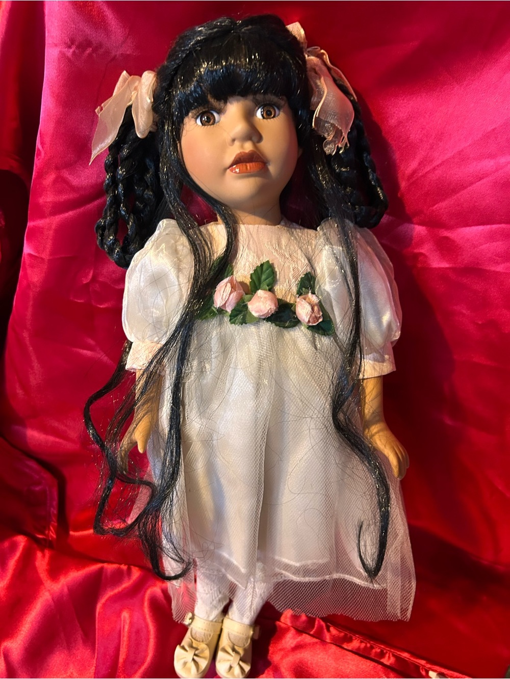 White Floral Dress Doll with Black Hair - Kids Toys